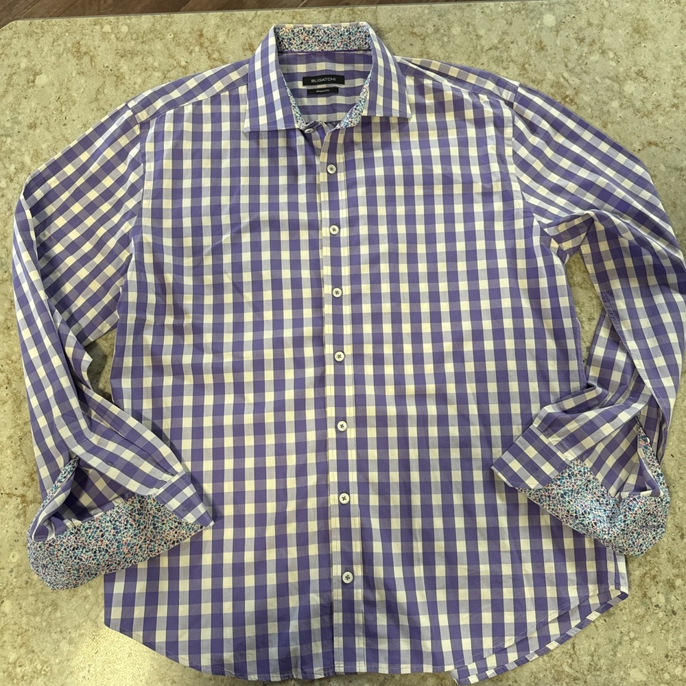 BUGATCHI‎ SHAPED FIT Mens 100% COTTON POINT COLLAR SHIRT PURPLE Sz X-LARGE, XL